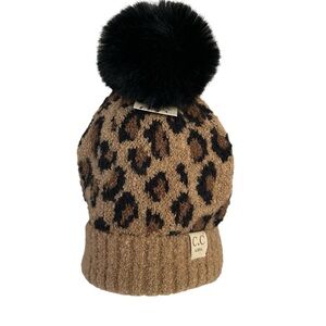 C.C Kids Tan Leopard Beanie with Black Pom Gift Ready